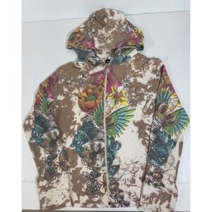 Cubism Graphic Zip Up Hoodie Womens L Brown Acid Wash Rhinestone Y2K Hardy Style